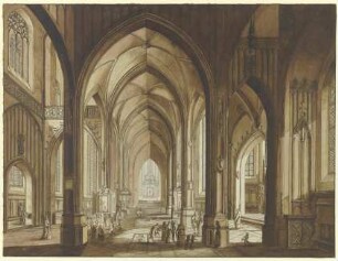 Inneres einer dreischiffigen gotischen Hallenkirche mit Blick auf den Chor