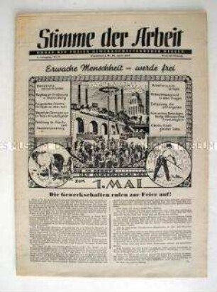 Halbmonatszeitung der Freien Gewerkschaftsbundes Hessen "Stimme der Arbeit" zum 1. Mai