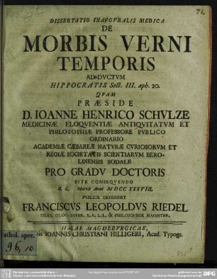 Dissertatio Inauguralis Medica De Morbis Verni Temporis Ad Ductum Hippocratis Sect. III. aph. 20