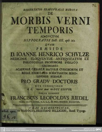 Dissertatio Inauguralis Medica De Morbis Verni Temporis Ad Ductum Hippocratis Sect. III. aph. 20