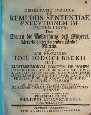 Dissertatio Ivridica De Remediis Sententiae Executionem Impedientibus
