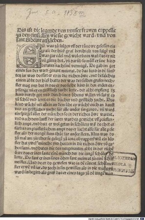 Die Legende von unser Frauen Kapelle zu Einsiedeln und von Sankt Meinrats Leben : Mit dem Transsumpt der Engelweihbulle Papst Leos VIII. und 2 Bestätigungsbullen Papst Pius' II. mit Vidimus der Bischöfe Heinrich und Burkhard von Konstanz
