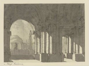 Blick durch eine Bogenhalle auf einen Rundtempel, Bühnenbildentwurf