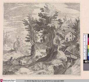 [Landschaft mit zwei Hirten, im Hintergrund eine Herberge; Farmer and his Wife Driving Two Bulls and a Herd of Sheep; Landschap met twee herders en een kudde]