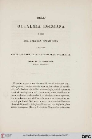 1: Dell'ottalmia egiziana e della sua pretesa specificita e di alcuni corollari sul trattamento dell'ottalmite