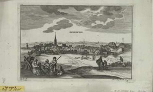 Ansicht von Domburg, Niederlande , Kupferstich, um 1720 : Domburg : C. P. M. / Mart. Engelbrecht excud.. - A[ugusta] V[indelicorum] , [um 1720]. - 1 Kunstbl. : Kupferst. ; 28 x 18 cm +++ Oben links: 104. Oben rechts: 4