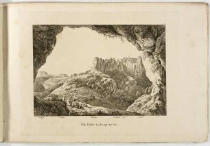Blick aus der Höhle im Jungfernstein (heute Talwächter am Amselgrund) bei Rathen auf die Basteifelsen, aus: Die Bastei in fünf Ansichten von Ludwig Richter, Heft 1 der Reihe "Die Sächsische Schweiz in Bildern"