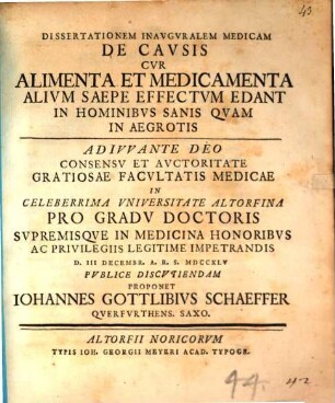 Diss. inaug. med. de causis, cur alimenta et medicamenta alium saepe effectum edant in hominibus sanis quam in aegrotis