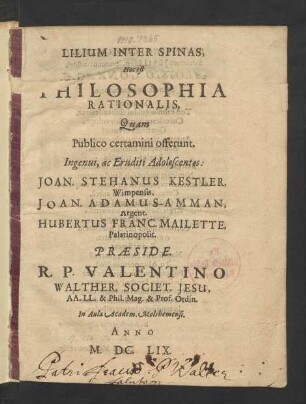 Lilium Inter Spinas, Hoc est Philosophia Rationalis