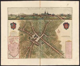 Stadtplan von Bailleul, Frankreich, kolorierter Kupferstich, ca. 1730 : Balliolum Vulgo Belle : Amplißimo Prudentißimoque Magistratui Urbis et Ditionis Balliolanae D. D. / Vedastus du Plouich, Geom. - Amstelodami//Amsterdam : F. de Wit, s.a. [ca. 1730]. - 1 Plan : Kupferstich ; 52 x 41 cm. - Maßstab in graph. Form (Virgae Flandricae). - NNE oben