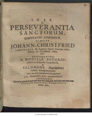 De Perseverantia Sanctorum, Disputatio Synodalis