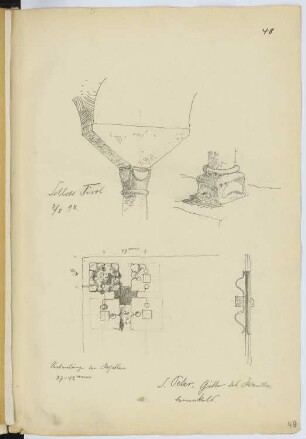 Schloss Tirol und St. Peter ober Gratsch, Tirol bei Meran: Fenstersäule und Gitter am Sakramentshaus (aus: Skizzen- und Fotoalbum 14)