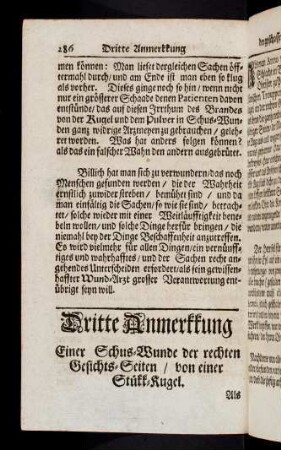 286-308, Drite Anmerkkung Einer Schus-Wunde der rechten Gesichts-Seiten / von einer Stükk-Kugel. Vierdte Anmerkkung. Einer Schus-Wunden der beyden Hintern-Bakken / von einer Stükk-Kugel.