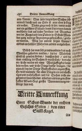 286-308, Drite Anmerkkung Einer Schus-Wunde der rechten Gesichts-Seiten / von einer Stükk-Kugel. Vierdte Anmerkkung. Einer Schus-Wunden der beyden Hintern-Bakken / von einer Stükk-Kugel.
