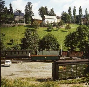 Breitenbrunn-Rittersgrün-Oberritersgrün, Kirchstraße 4. Schmalspurbahn-Museum Rittersgrün. Außengelände mit Schmalspurbahnwagen