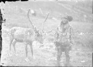Mann der indigenen Volksgruppe der Samen mit einem Rentier an der Leine, Nordlandreise, Norwegen
