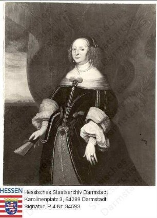 Sophie Eleonore Landgräfin v. Hessen-Darmstadt geb. Herzogin v. Sachsen (1609-1671) / Porträt, vor Landschaftskulisse stehend, Kniestück