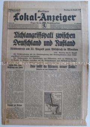 Tageszeitung "Berliner Lokal-Anzeiger" zum Nichtangriffspakt zwischen Deutschland und der UdSSR ("Hitler-Stalin-Pakt")