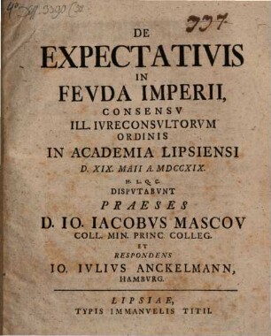 De Expectativis In Fevda Imperii : ... D. XIX. Maii A. MDCCXIX.