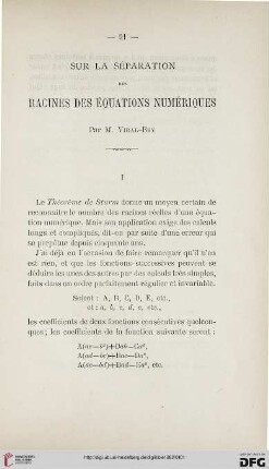 2.Ser. 3.1882: Sur la séparation des racines des équations numériques