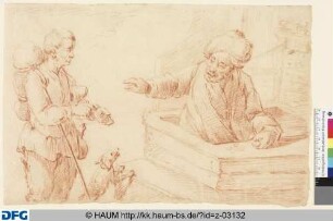 Handwerksbursche mit Hund erhält Geld von einem Mann mit Pelzmütze