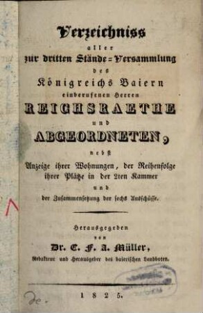 Verzeichniß aller ... Reichsräthe und Abgeordneten ...