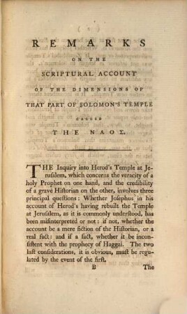 Remarks on the scriptural account of the dimensions of Salomons's temple : occasioned by the supplement to a pamplet entitled Evidence that the relation of Josephus concerning Herod's having new built the temple at Jerusalem is either false or misinterpreted by the author of remarks on the Evidence