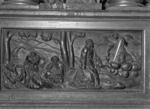 Hochaltar, Detail Sockelgeschoss, 1. Bildfeld von links: Agonie Christi