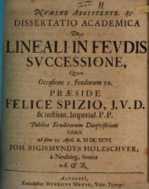 Dissertatio Academica De Lineali In Fevdis Svccessione
