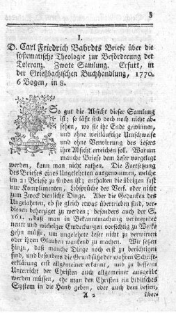 Briefe über die systematische Theologie zur Beförderung der Toleranz. Slg.2.