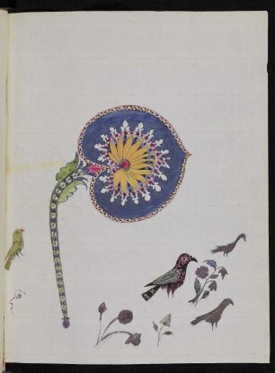 Illustration: Lotosblatt mit Vögeln