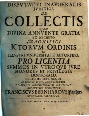 Dispvtatio inavgvralis ivridica de collectis
