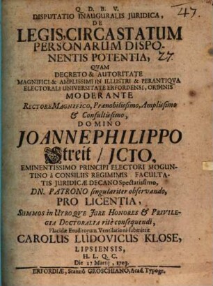 Disp. inaug. iur. de legis circa statum personarum disponentis potentia