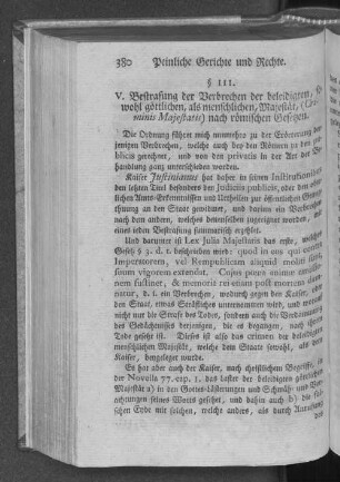 V. Bestrafung der Verbrechen der beleidigten, sowohl göttlichen, als menschlichen Majestät, (Criminis Majestatis) nach römischen Gesetzen.