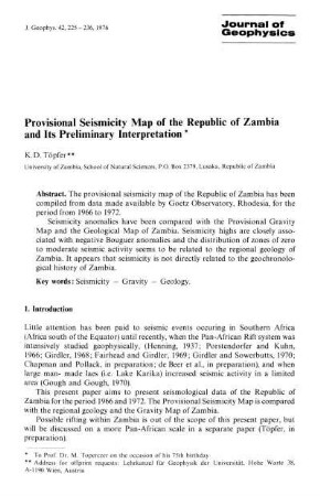Provisional seismicity map of the republic of Zambia and its preliminary interpretation