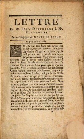 Critique de Denys le Tyran : Lettre de Jean Diafoirus ... sur la Tragoedie de Denys le Tyran