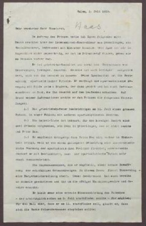 Schreiben von Kurt Hahn an Ludwig Haas; Unmittelbare Gefahr eines spartakitischen Putsches in Friedrichshafen und anderen Städten des Bodensees