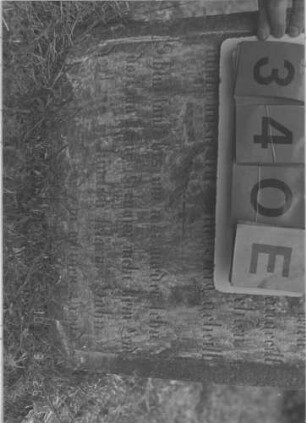 Grabstein 340 (Index: 100009402) Zustand: leicht eingesunken, Rückseite zum Teil abgebröckelt Maße HxBxT: 87x54x11 cm: Grabstein 340E