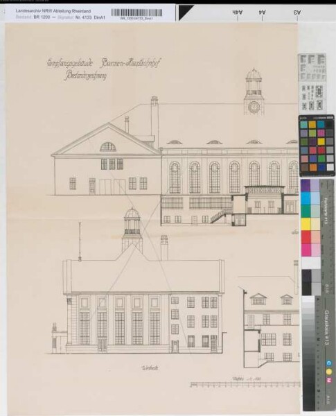 Bestandszeichnung Empfangsgebäude Barmen Hauptbahnhof: Ansichten [linke Hälfte], M. 1:100