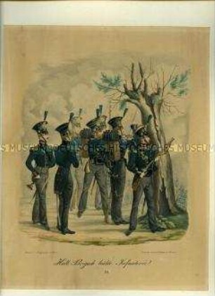 Signalist, Offizier und Soldaten, Halbbrigade leichte Infanterie. Aus Kunstdruckmappe "Uniformen der Königlich Sächsischen Armee" 1832.