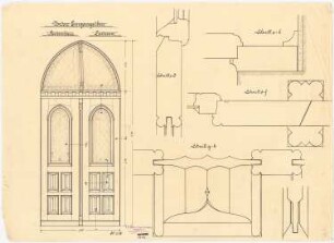 Kranken- und Siechenhaus, Brüssow Gültiger Ausführungsentwurf: Vordere Eingangstür, Ansicht 1:10, Detailschnitte