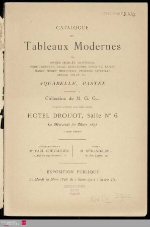 Catalogue de tableaux modernes par Boudin, Charlet, Chintreuil ..., aquarelle, pastel, composant la collection de M. G. G... [Goupy] et dont la vente aura lieu à Paris, Hotel Drouot, le mercredi 30 mars 1898