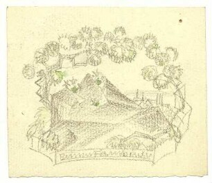 Exlibrisstudie für Gustav Windel : Bewachsene Hügel von Baumranken umgeben, Landschaft von Mauer umgeben, darin der Namenszug geschrieben