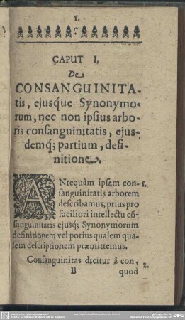 Caput I. De Consanguinitatis, eiusque Synonymorum, nec non ipsius arboris consanguinitatis, eiusdemq[ue] partium, definitione