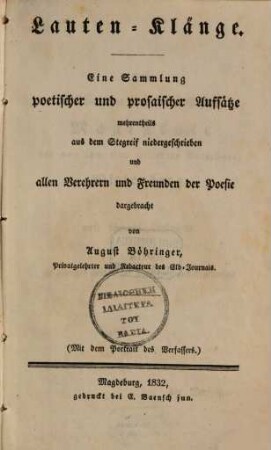 Lauten-Klänge : Eine Sammlung poetischer und prosaischer Aufsätze