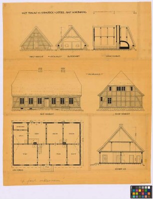 Steinbeck (Kreis Schönberg): Hof Tralau. - Backhaus (West-Giebel-Ansicht, Querschnitt, Längsschnitt). - Wohnhaus (Süd-Seiten-Ansicht, West-Giebel-Ansicht, Grundriss, Querschnitt A-B)