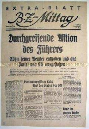 Extra-Blatt der Berliner Tageszeitung "B.Z. am Mittag" zum "Röhm-Putsch"