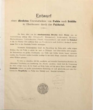 Entwurf einer direkten Eisenbahnlinie von Fulda nach Schlitz in Oberhessen durch das Fuldatal