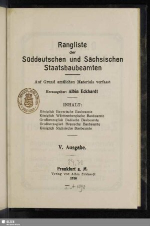 5.1910: Rangliste der süddeutschen und sächsischen Staats-Baubeamten