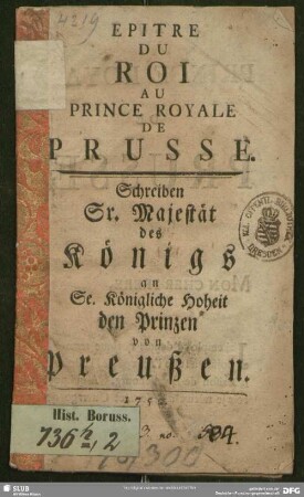 Epitre Du Roi Au Prince Royale De Prusse